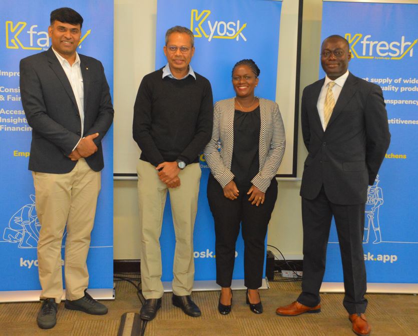 From L to R : KwikBasket Co-Founder and General Manager, Srinadh Kotturu; TechnoBrain Group CEO, Manoj Shankar; Kyosk General Manager – Kenya, Esmie Manda and Kyosk Co-Founder and CEO Raphael Afaedor during an occasion to mark Kyosk acquisition of KwikBasket. Kyosk has acquired KwikBasket to accelerate its Farm and Fresh line of business, transforming the distribution of fresh produce in Africa.