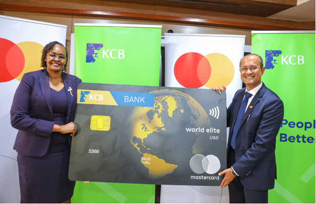 Shehryar Ali, Senior Vice President and Country Manager for East Africa and Indian Ocean Islands at Mastercard (Right) and Annastacia Kimtai, Managing Director at KCB Bank Kenya (Left) during the official unveiling of the KCB World Elite Card at Kencom Towers, Nairobi.