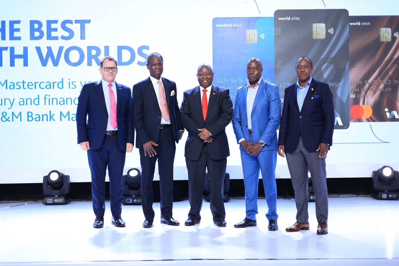 (L-R) Robin Bairstow, CEO of I&M Bank Limited, Suleiman Kiggundu, Non-Executive Chairman of I&M Bank Uganda Limited, Victor Ndlovu, Director and Business Development Lead for East Africa at Mastercard, Francis Kamulegeya, Non-Executive Director of I&M Bank Uganda and Francis Magambe Byaruhanga, Non-Executive Director of I&M Bank Uganda during the launch of the new range of I&M World Elite Card Mastercard in Uganda.