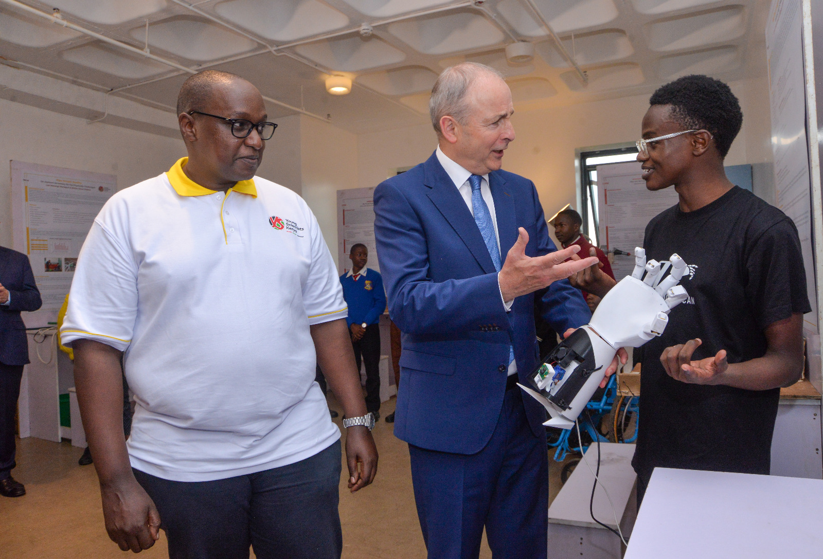 Caption: (L-R) National Director of young Scientist Kenya Dr Eng. Victor Mwongera, Irish Deputy Prime Minister and Minister for Foreign Affairs and Defence – Mr. Micheál Martin and Zerobionic Alumni YSK 2020 Maxwell Opondo