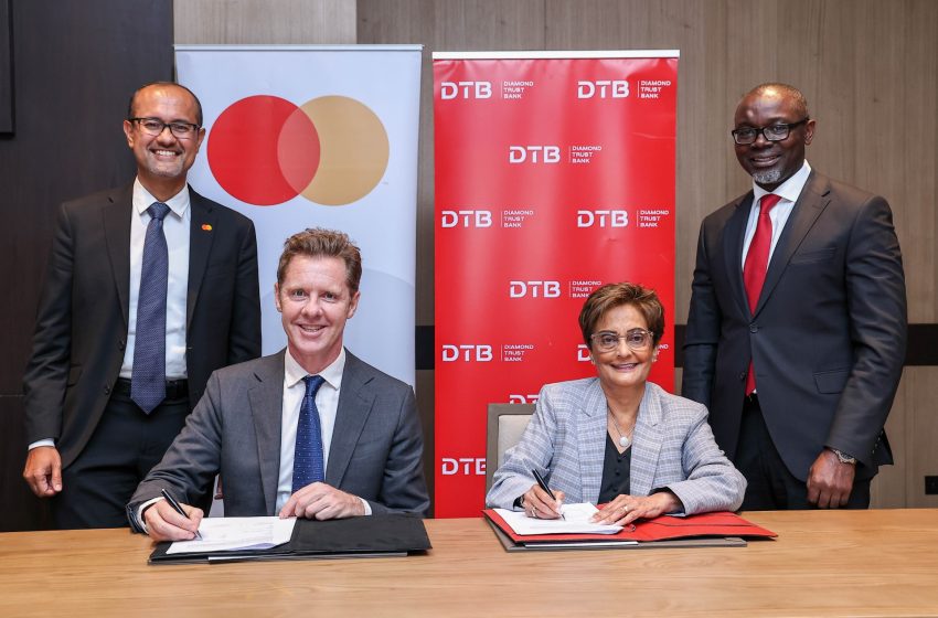 L-R: Shehryar Ali, SVP and Country Manager for East Africa & Indian Ocean Islands at Mastercard; Mark Elliott, Division President for Africa at Mastercard; Nasim Devji, Group CEO at Diamond Trust Bank (DTB); and George Otiende, Director for Retail Banking at Diamond Trust Bank (DTB) during the signing of a landmark 10-Year agreement that will dive digital transformation in Kenya, Uganda and Tanzania.